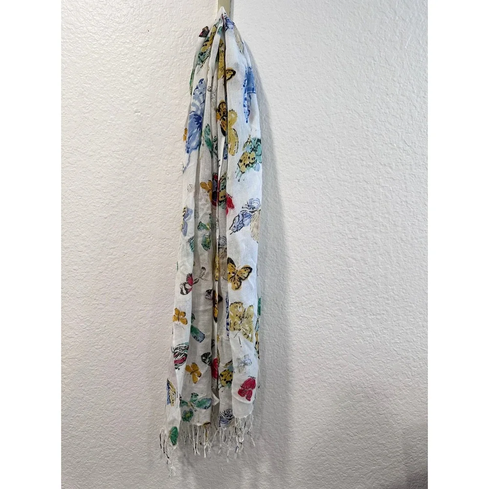 Old Navy Butterfly Print Scarf Shawl White Multi Color‎ Fringe Trim One Size